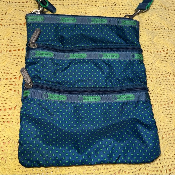 LeSportsac travel Classic polka dot 3-Zip Crossbody Bag green and dark blue - Picture 3 of 10